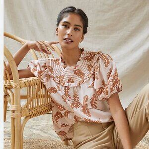 Current Air Anthropologie Womens Top Smocked Collar Tan Botanical Sz Small